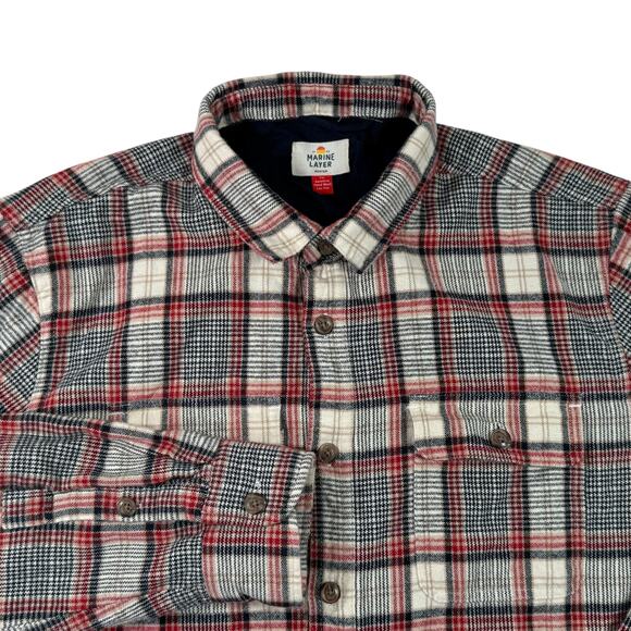 Marine Layer Mens Medium Red Gray Plaid Long Sleeve Flannel Overshirt - Picture 2 of 11